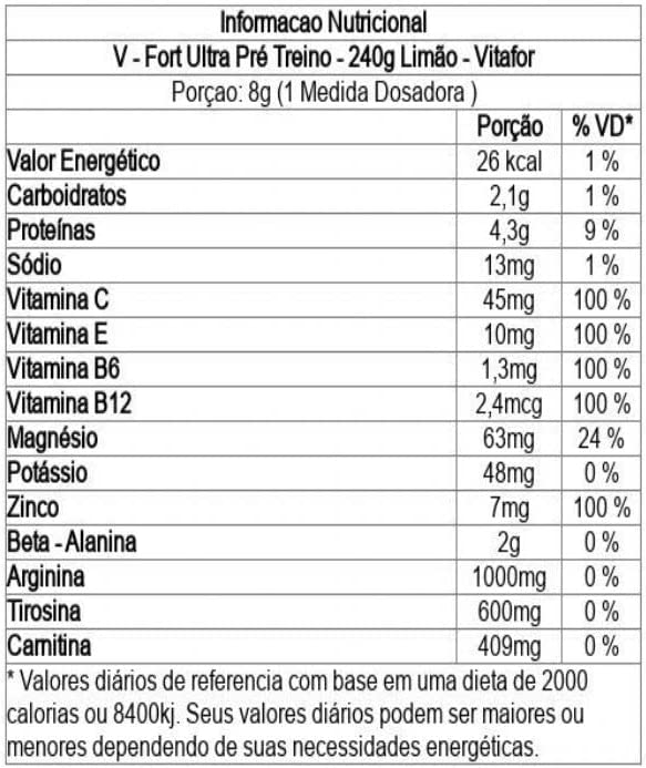 VITAFOR PRÉ-TREINO V-FORT ULTRA POTE 240G LIMÃO